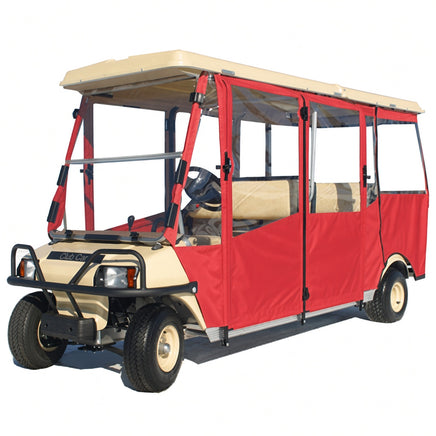 6-Passenger DoorWorks hinged door enclosure in Red (special order color) on Club Car Villager 6