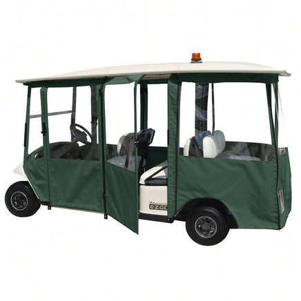 6-Passenger DoorWorks hinged door enclosure in Dark Green (special order color) on E-Z-GO Shuttle 6