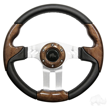 ACC-SW129 - RHOX Steering Wheel, Aviator 5 Woodgrain Grip/Brushed Aluminum Spokes 13" Diameter