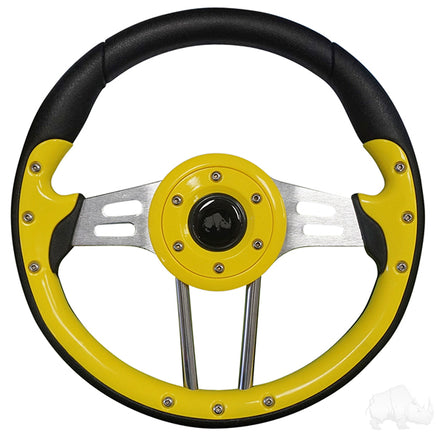 ACC-SW138 - RHOX Steering Wheel, Aviator 4 Yellow Grip/Brushed Aluminum Spokes, 13" Diameter