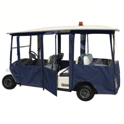 6-Passenger DoorWorks hinged door enclosure in Navy Blue (special order color) on E-Z-GO Shuttle 6